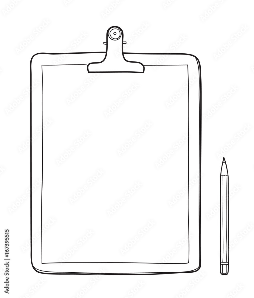 Clipboard with blank paper and a pencil hand drawn vector line art illustration Clipboard with blank paper and a pencil hand drawn vector line art illustration