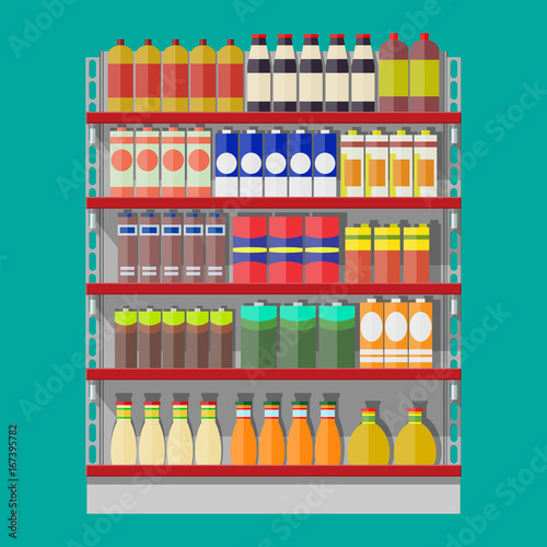 Supermarket shelves with groceries.