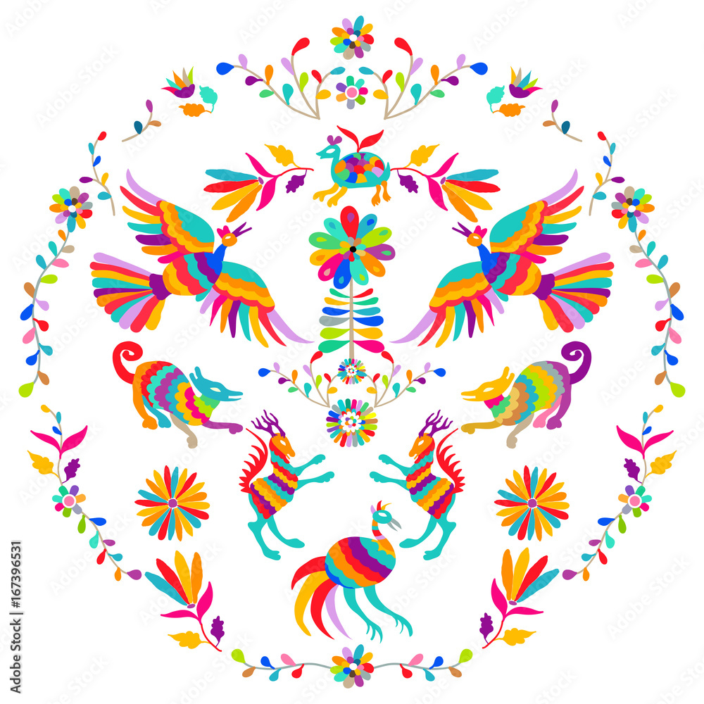 Vector folk Mexican Otomi Style embroidery Pattern. Folk embroidery ornament.