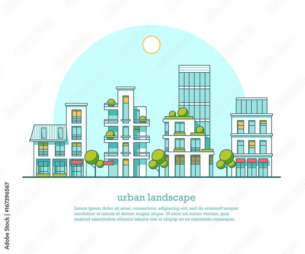 City landscape. Real estate and construction business concept with houses. Line style. Vector illustration.