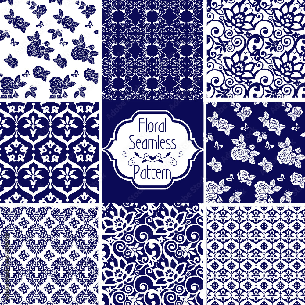 Set of Victorian damask seamless patterns with rose. Vintage flowers seamless ornament blue and white. Decorative ornament backdrop for fabric, textile, wrapping paper