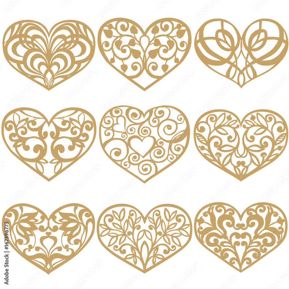 Set of laser cut hearts. Collection of decorative gold hearts. Template