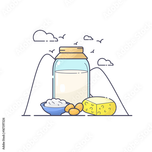 Vector illustration of dairy produce. Color line art