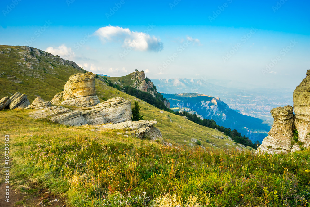 View of the Crimean mountains from the top of the Demerdzhi mountain in Russia in summer View of the Crimean mountains from the top of the Demerdzhi mountain in Russia in summer