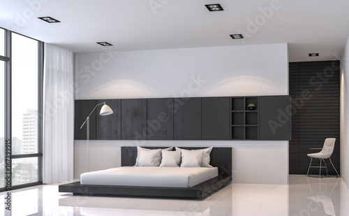 Modern black and white bedroom interior minimal style 3d rendering image.There are white floor.Furnished with black wood furniture .There are large windows look out to see the city view