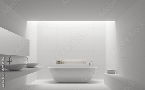 Modern white bathroom interior minimal style 3d rendering image.There are white tile with brick pattern on walls and floor there is natural light shining down from above.