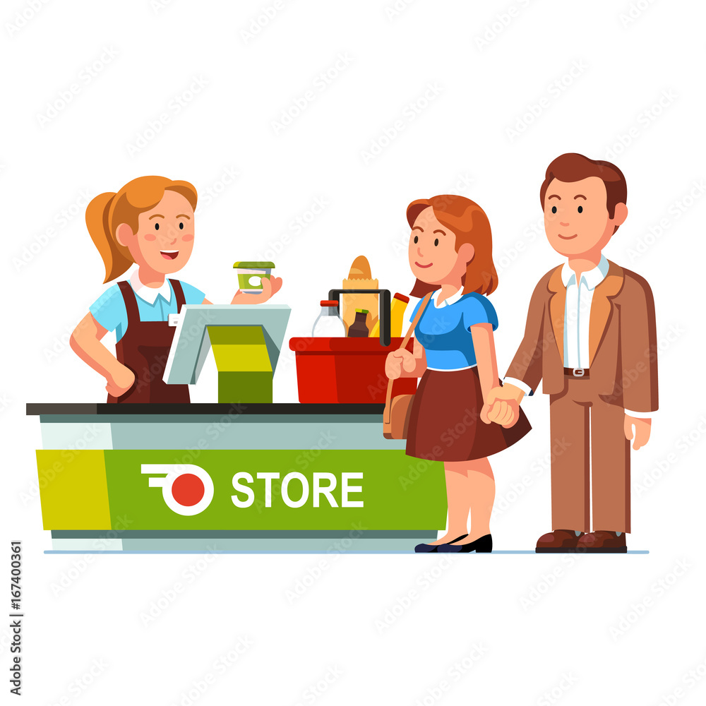 Obraz premium Cashier at checkout counter and serving customers