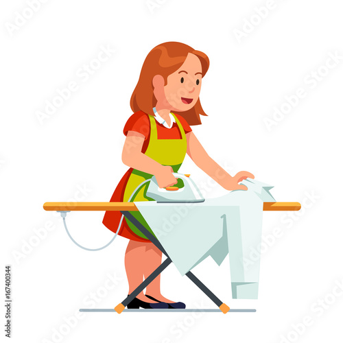 Housewife woman ironing shirt using iron and board