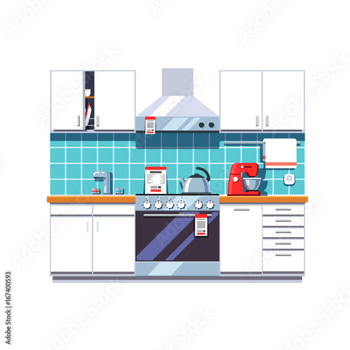 Kitchen with cabinets shelves, oven, cooker hood