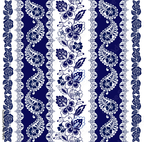 Set of Lace Bohemian Seamless Borders. Stripes with Blue Floral Motifs, Roses, Paisleys. Decorative ornament backdrop for fabric, textile, wrapping paper