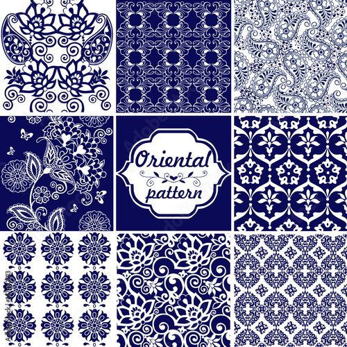 Set Oriental ornaments in blue paisley. Decorative ornament for fabric, textile, wrapping paper. Traditional oriental seamless paisley pattern photo