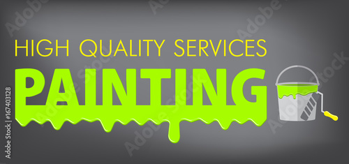 Painting Services Logo. Paint colorful dripping on gray background.  A bucket of paint and a roller for painting. Stock vector. Flat design.