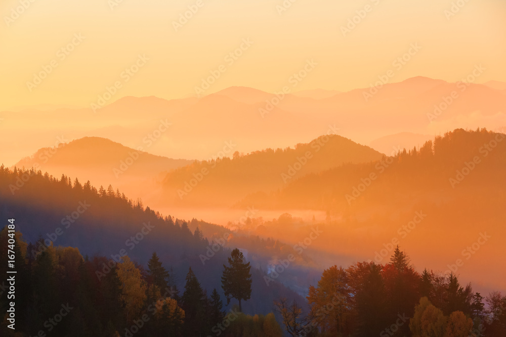 The setting sun colors the hills covered with autumn forest. The setting sun colors the hills covered with autumn forest.