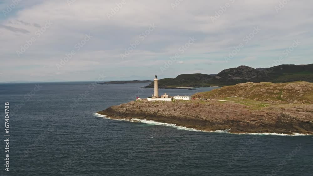 Stunning long distance aerial shot part 01 of Ardnamurchan Point, Great Britains most westerly point, with lighthouse and the beautiful white beaches and costline in the background Stunning long distance aerial shot part 01 of Ardnamurchan Point, Great Britains most westerly point, with lighthouse and the beautiful white beaches and costline in the background