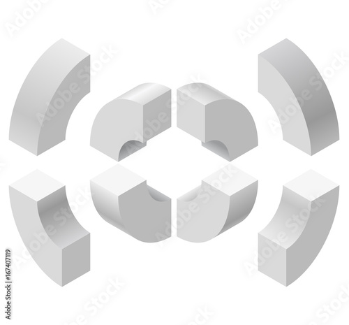 Arched shapes in isometric perspective  isolated on white background. Basic building blocks for creating abstract objects  background. Gray three-dimensional round shapes figure. Low poly vector.