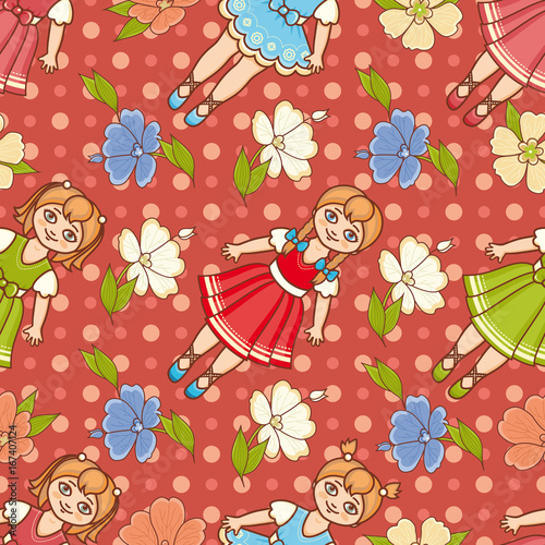 Little Ballerina and Flower. Cartoon style. Seamless pattern. Baby Doll. 