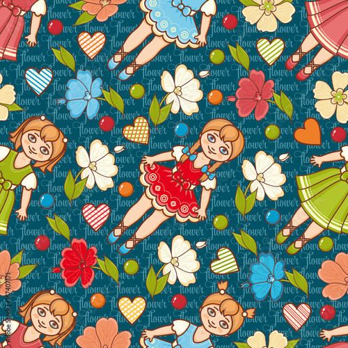 Little Ballerina and Flower. Cartoon style. Seamless pattern. Baby Doll. 