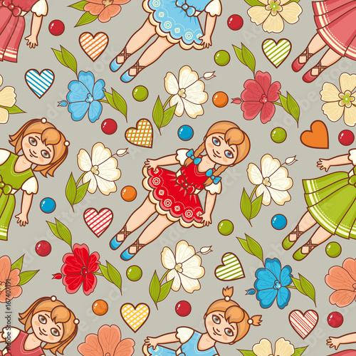 Little Ballerina and Flower. Cartoon style. Seamless pattern. Baby Doll. 