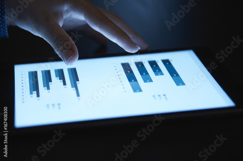 Close-up of the chart on the tablet's screen in dark illumination