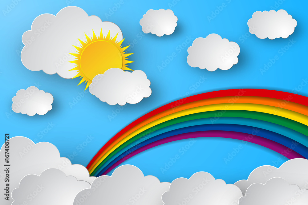 Blue sky vector background with clouds,rainbow and sun