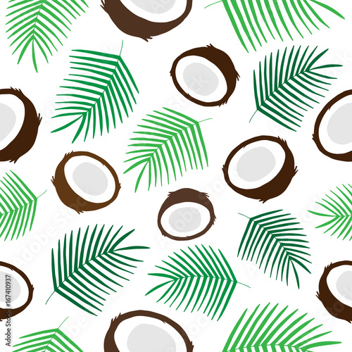 Tropical coconut seamless pattern, green palm leaf and half of coconut vector illustration drawing. Coconut print, isolated on transparent background.