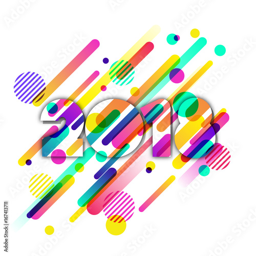 Happy New Year 2018 vector paper greeting card. Multicolor numbers with motion dynamic texture isolated on white background. Trendy design elements for poster, party invitation and holiday banner.
