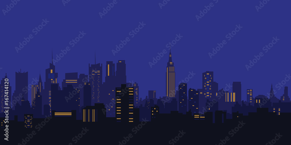 Vector illustration. Night city, houses, high-rise buildings