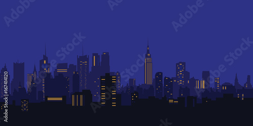 Vector illustration. Night city, houses, high-rise buildings