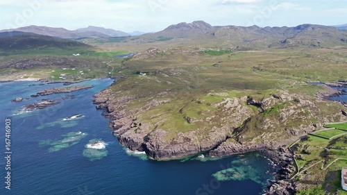 Stunning aerial shot of Ardnamurchan Point, Great Britains most westerly point, with lighthouse and the beautiful white beaches and costline in the background photo