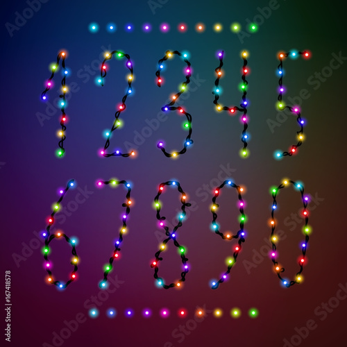 Vector number set from bright shiny colorful christmas lights. Glowing garland digits collection for holiday, birthday design, greeting cards, party invitation. New year 2018 text.