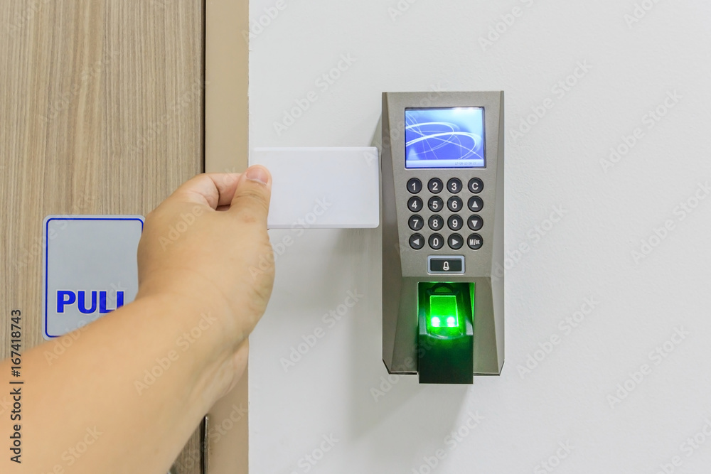 electronic key- card and finger scan access control system to lock and unlock  doors , Hand Holding Keycard To Open Door Stock Photo | Adobe Stock