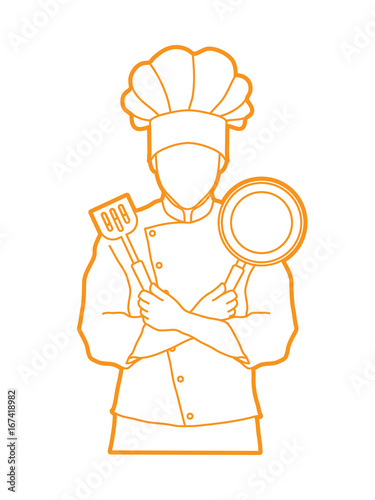 Chef cook standing crossed arms with pan and spatula outline graphic vector