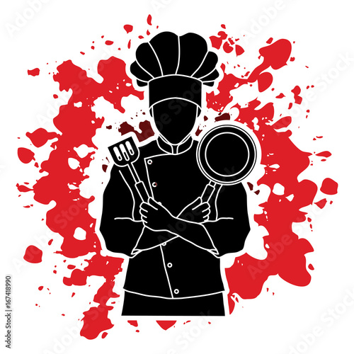 Chef cook standing crossed arms with pan and spatula designed on splatter colors background  graphic vector