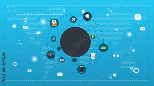 Vector creative illustration of marketing , tag cloud on blue background. Marketing technology concept. Thin line art style design for promotion, social media