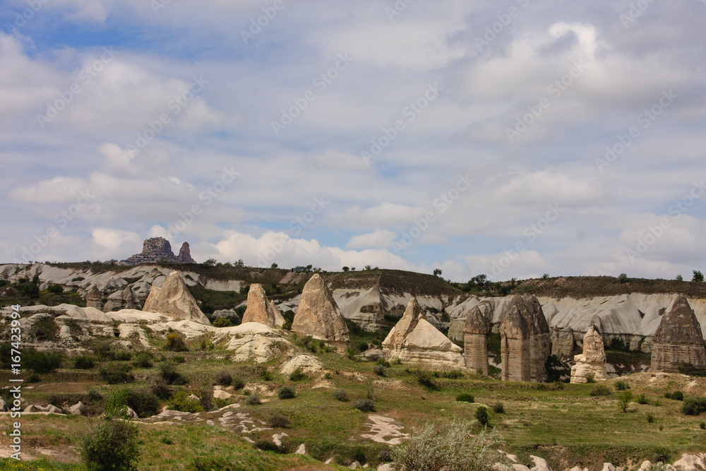 Horizontal shot of fairy chimneys of Cappadocia in Turkey in spring with green grass and small trees shot on cloudy days