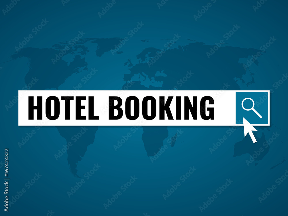 hotel booking, text in search box over world map outline