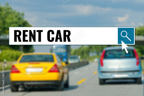 rent car, text in search box over cars on road background