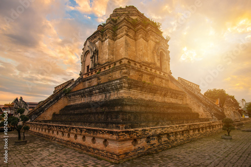 Wat Chedi Luang at sunset this place is one of the most tourist attraction in Chiang Mai province of Thailand.