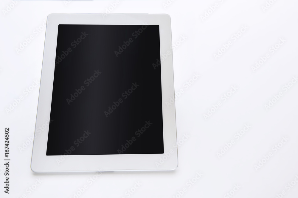 Perspective of white computer tablet isolated on white background, input text idea Perspective of white computer tablet isolated on white background, input text idea