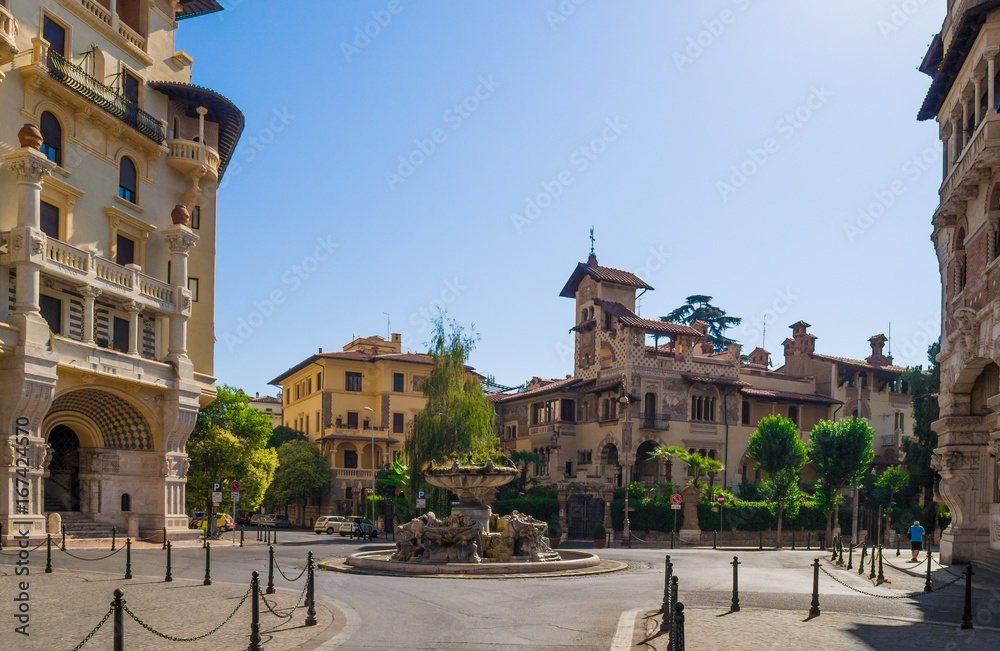 Rome, Italy - The esoteric quarter of Rome, called 'Quartiere Coppedè', designed by architect Gino Coppedè consisting of eighteen palaces and twenty-seven buildings rich in symbologies