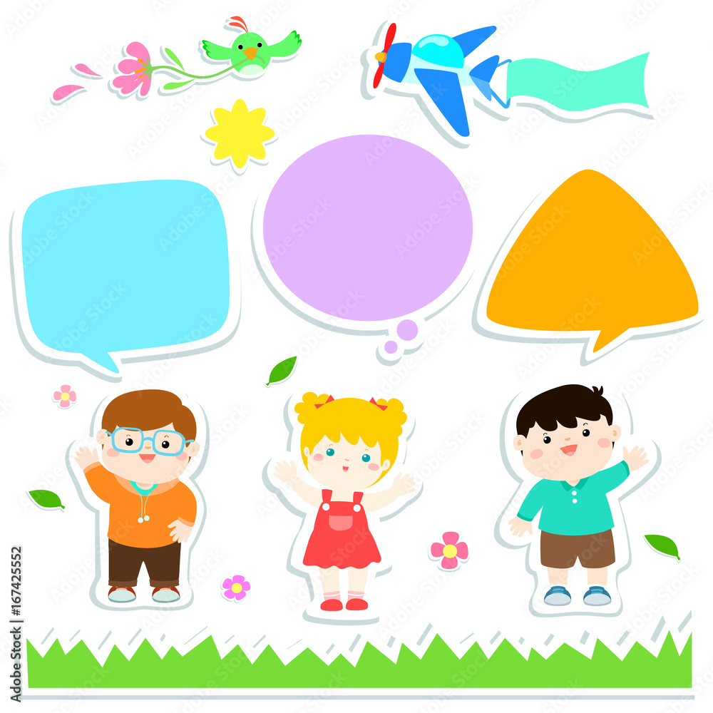 children with bubble speech sticker style design vector. children with bubble speech sticker style design vector.