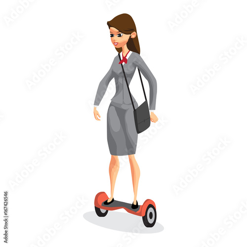Business woman on a gyroscooter. Vector flat design illustration