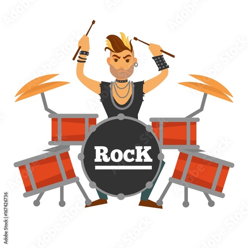 Drum player with iroquois performs rock song illustration