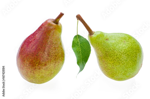 Sweet half green half red pears with leaf. Isolated on white.