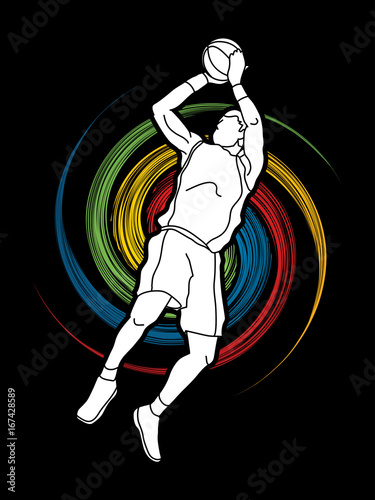 Basketball player jumping and prepare shooting a ball designed on spin wheel graphic vector
