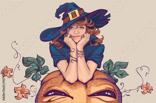 Young woman dressed up in witch costume. Holiday Halloween Cosplay