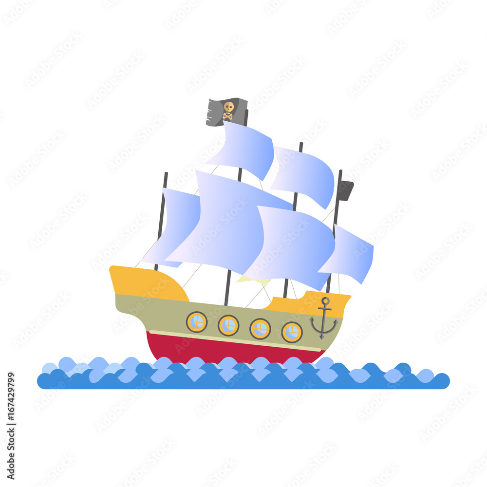 Obraz premium Ancient pirate ship with white sails and black flag