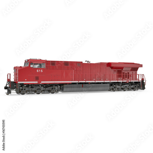 Red Diesel Locomotive on white. 3D illustration, clipping path