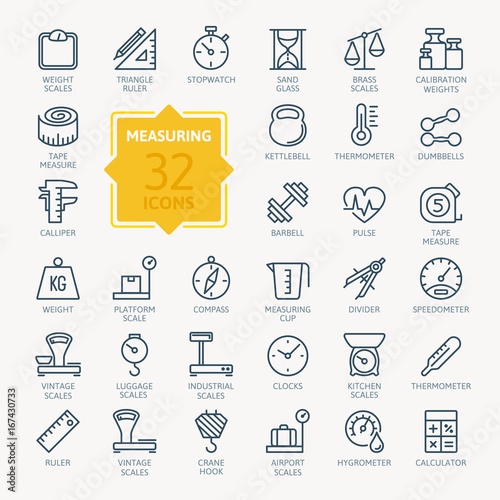 Measuring related web icon set - outline icon set, vector, thin line icons collection
