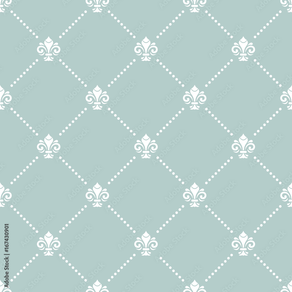 Seamless light blue and white pattern. Modern geometric ornament with royal lilies. Classic vintage background Seamless light blue and white pattern. Modern geometric ornament with royal lilies. Classic vintage background